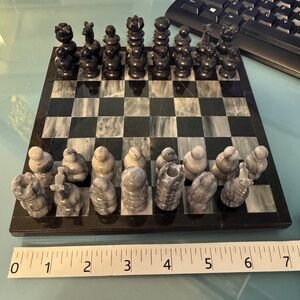 Small Marble Chess Set - Black and Gray - 7”x7” (MISSING ROOK)